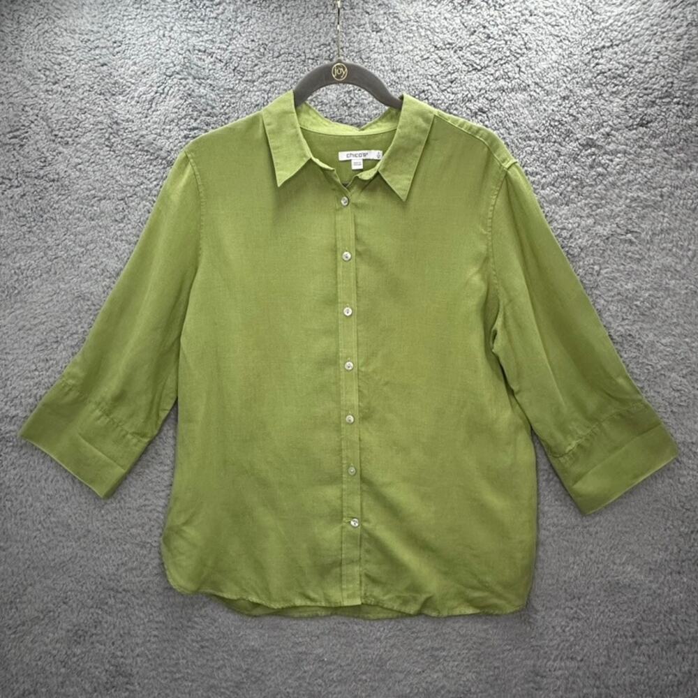 Chico's Size 2 Green 100%‎ Linen Button Up Shirt Breezy Comfort Coastal  Resort